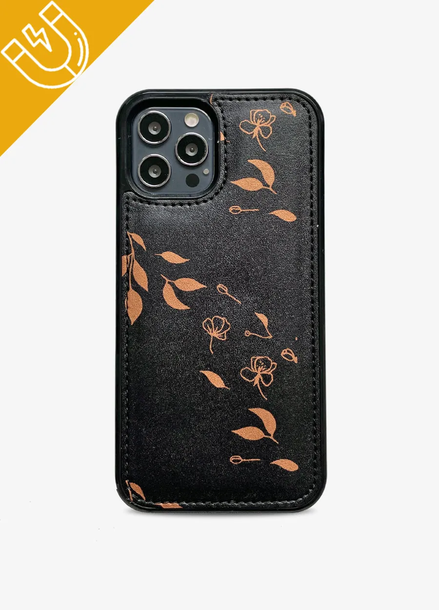 Ultimate Wristlet Phone Case in Black & Bronze Leaves