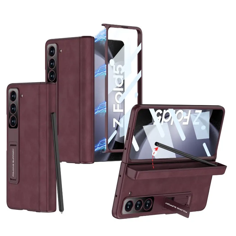 With Hinge Pen Holder Leather Phone Case With Screen Film For Samsung Galaxy Z Fold 5