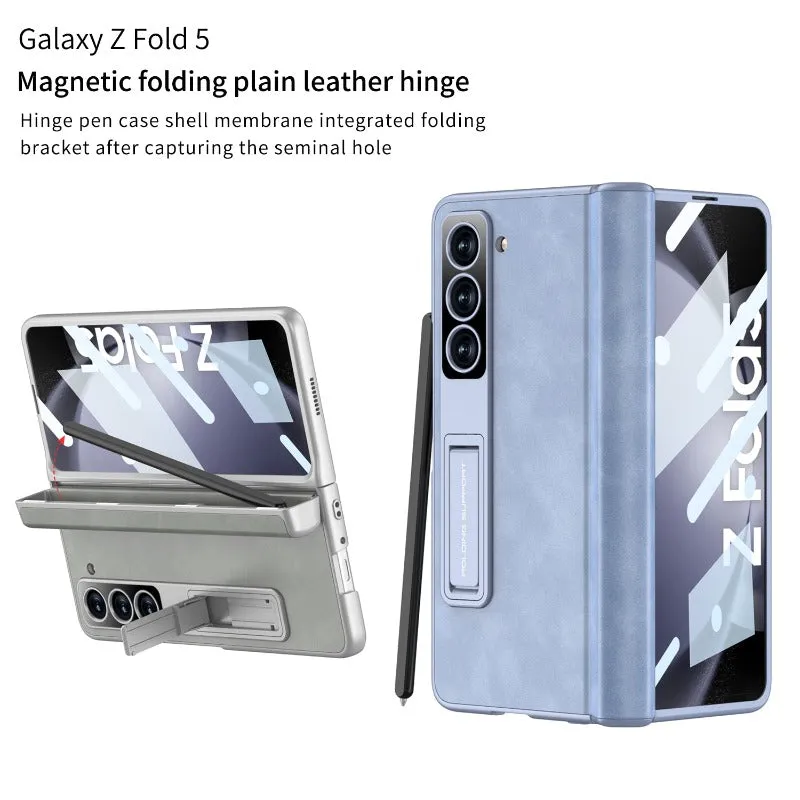 With Hinge Pen Holder Leather Phone Case With Screen Film For Samsung Galaxy Z Fold 5