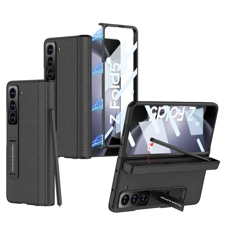 With Hinge Pen Holder Leather Phone Case With Screen Film For Samsung Galaxy Z Fold 5