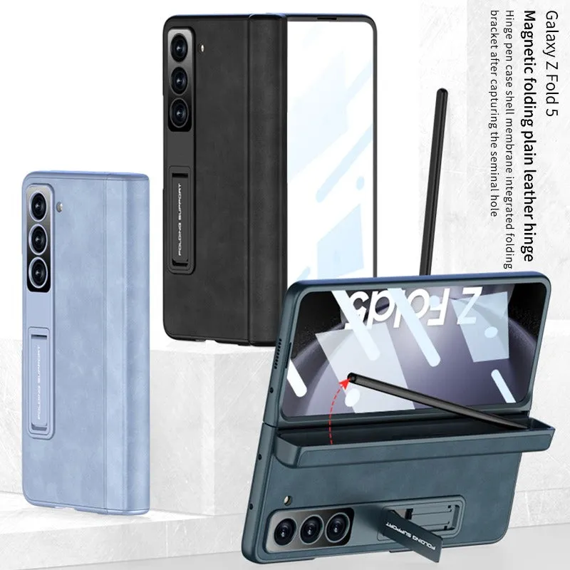 With Hinge Pen Holder Leather Phone Case With Screen Film For Samsung Galaxy Z Fold 5