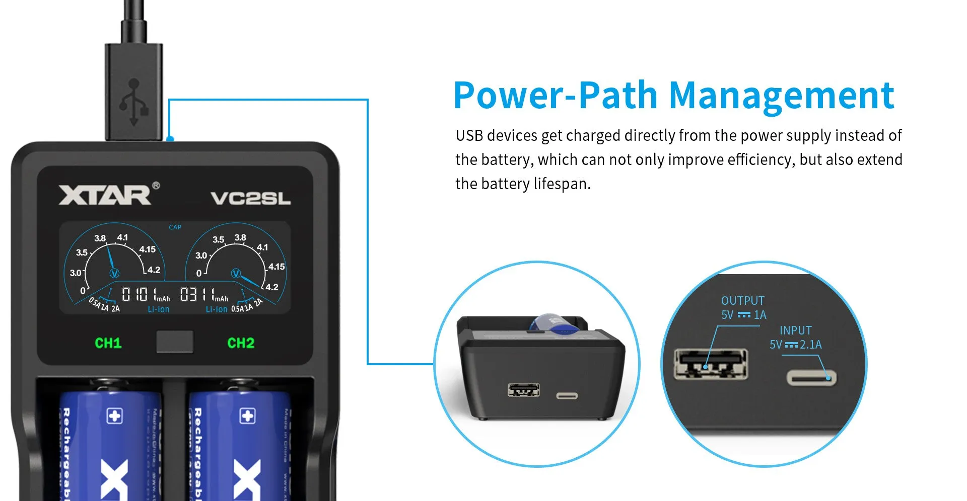 XTAR VC2SL 2A USB-C Fast Lithium-Ion Battery Charger